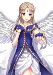 Rule 34 | 1girl, aa megami-sama, belldandy, blue eyes, brown hair, collar, dress, feathered wings, highres, jewelry, long hair, looking at viewer, open mouth, ring, seirei911, simple background, solo, tattoo, white background, white wings, wings