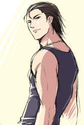 Rule 34 | 1boy, billy coen, blue eyes, brown hair, dog tags, looking at viewer, lowres, male focus, myutsusama, resident evil, resident evil 0, shirt, simple background, sleeveless, sleeveless shirt, smile, solo, tank top, upper body