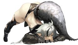 Rule 34 | 1girl, ahoge, arknights, ass, black hair, black panties, black shirt, black thighhighs, boots, butt crack, crocodilian tail, gloves, grey gloves, grey hair, highres, jack-o&#039; challenge, logo, multicolored hair, panties, partially fingerless gloves, pointy ears, shirt, short hair, simple background, solo, streaked hair, tail, tail strap, teshio (user fgyd2233), thighhighs, thighs, tomimi (arknights), top-down bottom-up, torn clothes, torn panties, torn thighhighs, underwear, white background, yellow eyes