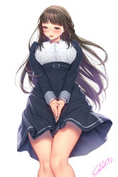 Rule 34 | 1girl, black hair, black jacket, black skirt, blue eyes, blush, breasts, covering privates, covering crotch, cropped jacket, from below, high-waist skirt, highres, jacket, large breasts, legs together, long hair, long sleeves, looking to the side, masami chie, open mouth, original, own hands together, red ribbon, ribbon, school uniform, shirt, shirt tucked in, signature, simple background, skirt, solo, standing, straight hair, white background, white shirt, wind