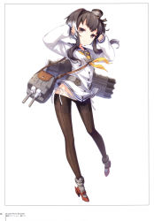 Rule 34 | 1girl, absurdres, ankle boots, arms up, black eyes, black hair, black pantyhose, boots, buttons, closed mouth, dress, gradient hair, h2so4, hair flaps, hat, high heel boots, high heels, highres, kantai collection, long sleeves, looking at viewer, lowleg, lowleg pantyhose, machinery, mini hat, multicolored hair, page number, panties, panties under pantyhose, pantyhose, sailor collar, sailor dress, scan, school uniform, seamed legwear, serafuku, short hair, short hair with long locks, side-seamed legwear, side-tie panties, simple background, sleeves past wrists, smile, solo, string panties, tokitsukaze (kancolle), torpedo, turret, two-tone hair, underwear, white background