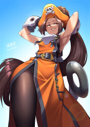 Rule 34 | 1girl, armpits, arms behind head, arms up, belt, blue background, blush, breasts, brown eyes, brown hair, evil smile, gradient background, guilty gear, hat, leggings, long hair, looking down, may (guilty gear), pirate, pirate hat, ryuusei (mark ii), small breasts, smile, teeth
