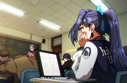 Rule 34 | 1girl, 4boys, alternate costume, alternate hairstyle, blue eyes, blue hair, blush, chalkboard, classroom, computer, contemporary, ddolbang, desk, earrings, hair intakes, highres, hololive, hololive english, jacket, jewelry, laptop, long hair, multicolored clothes, multicolored jacket, multiple boys, ouro kronii, ponytail, red nails, school desk, two-tone jacket, virtual youtuber