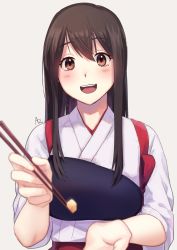 Rule 34 | 1girl, absurdres, akagi (kancolle), azu (yamahasu1245), bad id, bad twitter id, blush, brown eyes, brown hair, chopsticks, food, grey background, highres, holding, holding chopsticks, japanese clothes, kantai collection, long hair, looking at viewer, muneate, open mouth, signature, simple background, solo, tasuki, teeth, upper body