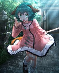 Rule 34 | 1girl, absurdres, animal ears, bamboo broom, black footwear, blush, broom, building, commentary request, dress, fang, feet out of frame, green eyes, green hair, hand up, highres, holding, holding broom, huge filesize, kakutasu (akihiron cactus), kasodani kyouko, light rays, long sleeves, looking at viewer, mary janes, open mouth, pink dress, shoes, short dress, short hair, socks, solo, standing, touhou, white socks