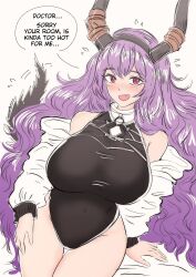 Rule 34 | 1girl, arknights, blush, breasts, commentary, covered navel, english commentary, english text, fang, highres, horns, kecoadewi, large breasts, leotard, long hair, purple hair, red eyes, smile, solo, tail, thigh gap, thighs, typhon (arknights), white background