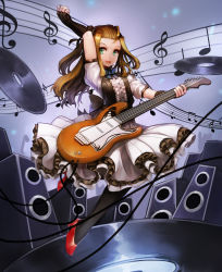 Rule 34 | 1girl, absurdres, amplifier, bad id, bad pixiv id, beamed eighth notes, breasts, brown hair, dress, eighth note, electric guitar, fingerless gloves, full body, gloves, green eyes, guitar, high heels, highres, instrument, kibellin, long hair, looking at viewer, musical note, open mouth, original, plectrum, smile, solo