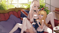 Rule 34 | 2girls, apron, azur lane, bao nuan, belfast (azur lane), blonde hair, blue eyes, blush, bow, braid, breasts, chain, cleavage, collar, collarbone, couch, cup, day, detached sleeves, dress, french braid, frilled legwear, frills, gloves, hair bow, hairband, hand on own stomach, hands up, highres, knee up, large breasts, long hair, looking at another, lying, lying on person, maid, maid headdress, multiple girls, open mouth, pantyhose, pillow, plant, queen elizabeth (azur lane), saucer, silver hair, small breasts, smile, table, tea, teacup, thighhighs, thighs, union jack, very long hair, white gloves, white legwear, window
