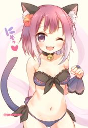 Rule 34 | 1girl, ;d, animal ear fluff, animal ears, bad id, bad pixiv id, bare shoulders, beige background, bell, bikini, black collar, blush, breasts, bridal gauntlets, brown hair, cat ears, cat girl, cat tail, collar, collarbone, cowboy shot, fang, flower, hagoromo, hair flower, hair ornament, hand up, heart, jingle bell, looking at viewer, mashiro miru, navel, neck bell, one eye closed, open mouth, princess connect!, purple bikini, purple eyes, red flower, ribbon-trimmed bikini, see-through, shawl, small breasts, smile, solo, swimsuit, tail, tamaki (princess connect!), tamaki (summer) (princess connect!), twitter username
