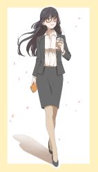 Rule 34 | 1girl, bad id, bad twitter id, black footwear, black hair, blazer, blush, brown eyes, collared shirt, cup, formal, glasses, grey jacket, grey skirt, hein (animehyein), high heels, highres, holding, holding cup, holding wallet, jacket, long hair, long sleeves, office lady, original, pencil skirt, petals, red-framed eyewear, shirt, shoes, simple background, skirt, smile, solo, standing, suit, two-tone background, wallet, white shirt