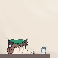 Rule 34 | 1girl, :3, animal ears, brown hair, cat ears, cat girl, chen, comic, cup, drinking glass, earrings, female focus, flat color, hat, jewelry, lowres, mob cap, robin (unlimited world), single earring, solo, table, touhou