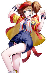 1girl :q blue_shorts brown_hair clenched_hands commentary imadake_dabuchi_tabemi headset highres jacket mcdonald&#039;s ririko_(zhuoyandesailaer) shirt shorts simple_background solo striped_clothes striped_shirt tongue tongue_out twintails vertical-striped_clothes vertical-striped_shirt visor_cap white_background white_shirt yellow_jacket