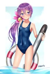 Rule 34 | 10s, 1girl, akebono (kancolle), alternate costume, artist name, bare arms, bare shoulders, bell, blue one-piece swimsuit, blue sky, blush, breasts, cameltoe, closed mouth, cloud, collarbone, covered erect nipples, covered navel, cowboy shot, day, facing viewer, flower, frown, hair bell, hair between eyes, hair flower, hair ornament, holding, in water, jingle bell, kantai collection, legs apart, lifebuoy, long hair, looking at viewer, low ponytail, new school swimsuit, one-piece swimsuit, outdoors, outside border, parted bangs, pink flower, propeller, puririn, purple eyes, purple hair, school swimsuit, shiny clothes, side ponytail, skin tight, sky, small breasts, solo, standing, straight hair, swim ring, swimsuit, torpedo, twitter username, very long hair, wading, water