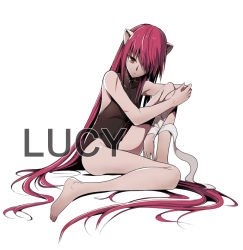 Rule 34 | bandages, bodysuit, elfen lied, horns, long hair, looking at viewer, lucy (elfen lied), monster girl, pink hair, red eyes, simple background, togawa makoto