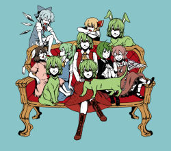 Rule 34 | 6+girls, animal ears, animalization, antennae, aqua background, ascot, asymmetrical hair, barefoot, blonde hair, blue hair, boots, bow, brown hair, cape, chin rest, cirno, collar, couch, cross-laced footwear, crossed legs, daiyousei, dog, dog ears, dress, green hair, grin, hair bow, hands on lap, head on head, head rest, high contrast, inaba tewi, kazami yuuka, lace-up boots, long skirt, mary janes, multiple girls, mystia lorelei, own hands clasped, own hands together, pink hair, plaid, plaid skirt, plaid vest, rabbit, rabbit ears, red eyes, red upholstery, rumia, shoes, side ponytail, sitting, skirt, skirt set, smile, smirk, team 9 (touhou), torinone, touhou, vest, what, wings, wriggle nightbug