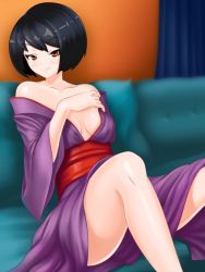 Rule 34 | 1girl, artist request, bare shoulders, black hair, bob cut, breasts, brown eyes, cleavage, closed mouth, collarbone, couch, curtains, date crush stories, erisa (date crush stories), game cg, highres, indoors, japanese clothes, kimono, long sleeves, looking at viewer, no bra, obi, off shoulder, presenting, purple kimono, red kimono, sash, short hair, sitting, small breasts, smile, solo, spread legs, thighs, undressing, wall, wide sleeves, yukata