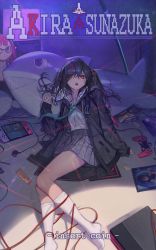 Rule 34 | 1girl, absurdres, black hair, black jacket, black sweater, braid, cable, chips (food), chyan, controller, diagonal-striped clothes, diagonal-striped neckwear, drawstring, flat chest, food, game console, green neckwear, highres, hood, hood down, idolmaster, idolmaster cinderella girls, idolmaster cinderella girls starlight stage, ikea shark, jacket, joystick, laser, laser pointer, laser pointer projection, laser sight, long hair, mole, mole under eye, open mouth, potato chips, school uniform, sharp teeth, skirt, snack, socks, solo, striped clothes, striped neckwear, stuffed animal, stuffed shark, stuffed toy, sunazuka akira, sweater, teeth, twin braids, twintails, video game, yellow eyes