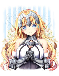 Rule 34 | 1girl, blonde hair, blue eyes, blush, breasts, c:, chain, closed mouth, fate/apocrypha, fate/grand order, fate (series), floral background, flower, gauntlets, geko, headpiece, interlocked fingers, jeanne d&#039;arc (fate), jeanne d&#039;arc (ruler) (fate), jeanne d&#039;arc (third ascension) (fate), large breasts, lily (flower), long hair, looking at viewer, own hands together, smile, solo, upper body, wavy hair, white flower