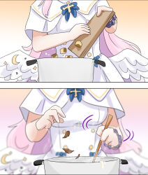 Rule 34 | 1girl, 2koma, angel wings, blue archive, blurry, c/h, cake, capelet, comic, commentary, cooking, cooking pot, cutting board, depth of field, english commentary, feathered wings, food, highres, holding, holding ladle, ladle, long hair, mika (blue archive), out of frame, pink hair, school uniform, scrunchie, silent comic, solo, swiss roll, tea leaves, white wings, wings, wrist scrunchie
