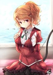Rule 34 | 10s, 1girl, aquila (kancolle), armpit cutout, arms behind back, black legwear, black skirt, blush, boat, bow (weapon), breasts, chize, clothing cutout, collared shirt, dress shirt, green ribbon, hair ornament, hairclip, hand on own chest, high ponytail, jacket, kantai collection, large breasts, long sleeves, miniskirt, ocean, orange hair, pink eyes, red jacket, ribbon, shirt, short hair, skirt, solo, water, watercraft, wavy hair, weapon, white shirt, wings