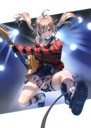Rule 34 | 1girl, ahoge, belt, black belt, black choker, black footwear, black hair, black leg warmers, black skirt, black sweater, blush, boots, brown eyes, brown hair, choker, guitar, highres, holding, holding guitar, holding instrument, hololive, hololive english, instrument, lace-trimmed choker, lace trim, long hair, looking at viewer, multicolored hair, nanashi mumei, nanashi mumei (emo), official alternate costume, red sweater, skirt, smile, solo, streaked hair, striped clothes, striped sweater, sweater, thigh strap, tight (ohmygod), torn clothes, torn sweater, twintails, virtual youtuber, white hair, white leg warmers