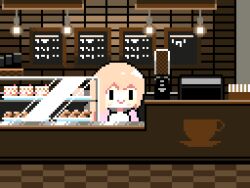 Rule 34 | 1girl, blonde hair, cafe, cake, ceiling light, checkered floor, chibi, closed mouth, counter, food, indoors, looking at viewer, original, rps dot, sign, smile, solo, wide shot