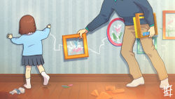 Rule 34 | 1boy, 1girl, aoiyuya, chalk, child, drawing, father and daughter, holding, holding chalk, indoors, no shoes, original, picture frame, pleated skirt, skirt, socks, stuffed animal, stuffed toy, sweater, toy, toy block
