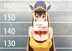 Rule 34 | 1girl, arms behind back, bad id, bad pixiv id, bare shoulders, blush, breasts, brown eyes, brown hair, fate/grand order, fate (series), hat, height chart, jewelry, long hair, looking at viewer, necklace, sleeveless, smile, solo, xuangzang sanzang (fate), yostxxx