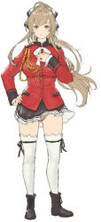 Rule 34 | 1girl, ahoge, amagi brilliant park, ankle boots, black ribbon, black skirt, blush, boots, brown eyes, brown footwear, clothes lift, cross-laced footwear, frilled skirt, frills, full body, gluteal fold, hair ribbon, hand on own hip, hand on own chest, iwauchi tomoki, jacket, lace-up boots, light blush, light brown hair, long hair, long sleeves, looking at viewer, panties, pantyshot, parted lips, pink panties, pleated skirt, red jacket, ribbon, sento isuzu, skirt, skirt lift, solo, standing, thighhighs, underwear, white thighhighs, wind, wind lift
