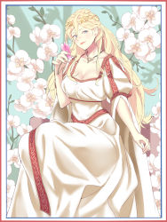 Rule 34 | 1girl, alternate costume, alternate hairstyle, blonde hair, blue eyes, braid, breasts, celtic, circlet, cleavage, commentary request, crown braid, dress, feet out of frame, flower, flower request, hair between eyes, highres, kantai collection, large breasts, lips, long hair, looking at viewer, mole, mole under eye, mole under mouth, narrow waist, richelieu (kancolle), shingyou (alexander-13), sitting, solo, white dress, white flower