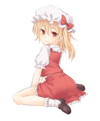 Rule 34 | 1girl, ass, blonde hair, bow, brown footwear, commentary request, flandre scarlet, frilled shirt collar, frills, from behind, full body, hair between eyes, hat, hat bow, loafers, looking at viewer, looking back, miniskirt, miyo (ranthath), mob cap, no wings, petticoat, puffy short sleeves, puffy sleeves, red bow, red eyes, red skirt, red vest, shoes, short hair, short sleeves, side ponytail, simple background, sitting, skirt, smile, socks, solo, thighs, touhou, transparent background, vest, wariza, white background, white hat, white socks