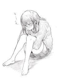 Rule 34 | 1girl, bad id, bad twitter id, barefoot, closed mouth, commentary request, frown, full body, glasses, greyscale, hair between eyes, highres, knees together feet apart, hugging own legs, long hair, monochrome, nikaidou kou, original, pencil skirt, ribbed sweater, simple background, skirt, solo, sweater, white background