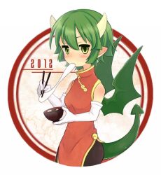 Rule 34 | 1girl, 2012, black pantyhose, blush, bowl, china dress, chinese clothes, chopsticks, dot nose, draco centauros, dragon girl, dragon horns, dragon tail, dragon wings, dress, eating, elbow gloves, food, gloves, green eyes, green wings, holding, holding bowl, holding chopsticks, horns, jitome, looking at viewer, lr., madou monogatari, noodles, pantyhose, pointy ears, puyopuyo, red dress, short hair, simple background, solo, tail, udon, white background, white gloves, wings