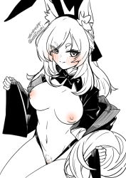 Rule 34 | 1girl, animal ear fluff, animal ears, arknights, bow, bowtie, breasts, closed mouth, fake animal ears, female pubic hair, hairband, horse ears, horse girl, horse tail, large breasts, long hair, long sleeves, looking at viewer, monochrome, navel, panties, pubic hair, rabbit ears, seto tinami, shrug (clothing), signature, simple background, sitting, smile, solo, spot color, swept bangs, tail, thick eyebrows, topless, twitter username, underwear, v-shaped eyebrows, whislash (arknights), white background, wide sleeves