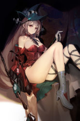 Rule 34 | 1girl, absurdres, arknights, bad id, bad twitter id, bare legs, bare shoulders, black neckwear, black ribbon, blue gloves, blue headwear, boots, breasts, choker, cleavage, commentary request, detached sleeves, gloves, grey footwear, high heel boots, high heels, highres, holding, holding staff, large breasts, leg ribbon, long hair, long sleeves, looking at viewer, official alternate costume, rabbit (tukenitian), red choker, red eyes, ribbon, silver hair, sitting, skadi (arknights), skadi the corrupting heart (arknights), solo, staff, strapless, thighs, very long hair, white footwear, wide sleeves