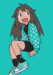 Rule 34 | 1girl, :d, alternate costume, arm support, black shirt, black shorts, black socks, brown eyes, brown hair, cardigan, commentary, creatures (company), elizabeth (tomas21), eyelashes, game freak, green background, green cardigan, green footwear, hair flaps, highres, leaf (pokemon), long hair, long sleeves, looking to the side, nintendo, open mouth, pokemon, pokemon frlg, shirt, shoes, shorts, sidelocks, simple background, sitting, sleeveless, sleeveless shirt, smile, sneakers, socks, solo, tongue