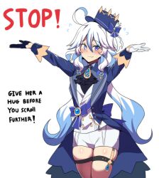Rule 34 | 1girl, absurdres, ahoge, asymmetrical gloves, black gloves, blue eyes, blue hair, blush, closed mouth, english text, flying sweatdrops, furina (genshin impact), genshin impact, gloves, highres, hinghoi, long hair, long sleeves, looking at viewer, low twintails, mismatched gloves, multicolored hair, outstretched arms, shorts, simple background, smile, solo, twintails, white background, white gloves, white hair, white shorts