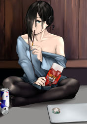 Rule 34 | 1girl, absurdres, black pantyhose, blue eyes, blue sweater, can, commentary request, crossed legs, eating, energy drink, food, hair over one eye, headphones, highres, holding, holding food, indian style, indoors, long bangs, long sleeves, looking at viewer, mole, mole above eye, mole under mouth, off shoulder, on floor, original, pantyhose, pocky, pupi (rain prophet), short hair, sitting, skirt, solo, sweater