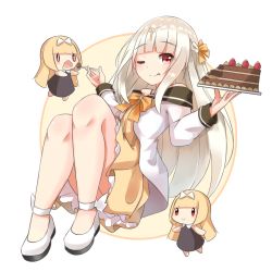 Rule 34 | + +, 3girls, :&gt;, black dress, blonde hair, blush, blush stickers, bow, braid, cake, chocolate cake, commentary request, cross, dress, fairy (girls&#039; frontline), food, fruit, girls&#039; frontline, hair bow, hair ornament, hair ribbon, hands up, highres, knees up, legs together, long hair, long sleeves, looking at viewer, multiple girls, norikoseal, one eye closed, open mouth, petticoat, red eyes, ribbon, sailor dress, saliva, shoes, side braid, sidelocks, silver hair, smile, spoon, strapless, strapless dress, strawberry, tongue, tongue out, white bow, white footwear, yellow bow