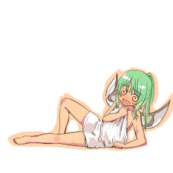 Rule 34 | 1girl, @ @, barefoot, blush, breasts, covering privates, covering breasts, daiyousei, female focus, green hair, hota, lying, naked towel, nude cover, on side, side ponytail, sketch, solo, touhou, towel, wings