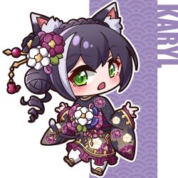 Rule 34 | 1girl, absurdres, animal ear fluff, animal ears, black hair, black kimono, blush, brown footwear, cat ears, cat girl, cat tail, character name, chibi, clothing cutout, commentary request, floral print, flower, frilled kimono, frills, full body, green eyes, grey hair, hair between eyes, hair bun, hair flower, hair ornament, hair stick, highres, japanese clothes, karyl (new year) (princess connect!), karyl (princess connect!), kimono, long hair, long sleeves, looking at viewer, looking back, multicolored hair, open mouth, princess connect!, print kimono, purple background, purple flower, saishosaisekojo, sandals, seigaiha, sleeves past wrists, socks, solo, standing, standing on one leg, streaked hair, tabi, tail, tail through clothes, white background, white flower, white socks, wide sleeves, zouri