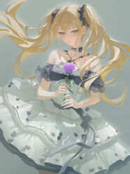 Rule 34 | 1girl, absurdres, aqua eyes, bangsom, bare shoulders, black scrunchie, blonde hair, blush, breasts, closed mouth, dress, flower, flower ornament, grey background, hair ornament, hair scrunchie, highres, holding, holding flower, layered dress, long hair, looking at viewer, mole, mole under eye, off-shoulder dress, off shoulder, original, purple flower, purple rose, rose, scrunchie, simple background, small breasts, solo, twintails, white dress