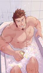 Rule 34 | 1boy, abs, bara, blue eyes, brown hair, completely nude, dogephalus, facial hair, fate/grand order, fate (series), goatee, large pectorals, long sideburns, looking at viewer, male focus, muscular, napoleon bonaparte (fate), nipples, nude, pectorals, scar, sideburns, solo, thighs, upper body