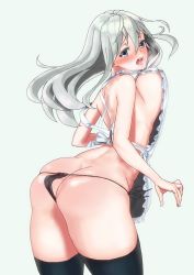 Rule 34 | 1girl, against wall, apron, ass, black panties, black thighhighs, blush, breasts, grey eyes, long hair, looking at viewer, naked apron, nearly naked apron, open mouth, original, panties, saliva, side-tie panties, sideboob, silver hair, simple background, solo, teeth, thighhighs, thong, tomiokasena, tongue, tongue out, underwear, white background