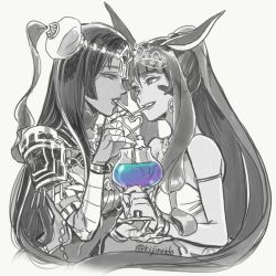 Rule 34 | 2girls, animal ears, bad id, bad twitter id, bracelet, circlet, commentary, crazy straw, dark-skinned female, dark skin, drinking straw, facial mark, fate/grand order, fate (series), grey background, greyscale, hat, heart straw, holding, jackal ears, jewelry, kijinoido, long hair, looking at another, medjed (fate), mini hat, monochrome, multiple girls, nitocris (fate), scheherazade (fate), shared drink, smile, spot color, twitter username, upper body, yuri