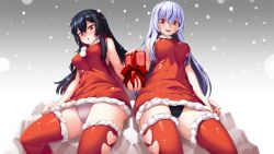 Rule 34 | 2girls, :o, arata, black hair, black panties, check commentary, clothing cutout, commentary, commentary request, covered erect nipples, crotch seam, dress, fur-trimmed dress, fur-trimmed legwear, fur trim, genderswap, genderswap (mtf), gift, grey panties, halterneck, hand on own thigh, heart cutout, highres, holding, holding gift, long hair, microdress, multiple girls, open mouth, original, panties, pantyshot, red eyes, red legwear, ren (witch&#039;s weapon), santa dress, side-by-side, sitting, smile, snowing, thighhighs, underwear