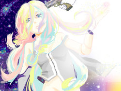 Rule 34 | 1girl, bad id, bad pixiv id, blue eyes, braid, doll joints, gun, ia (vocaloid), joints, long hair, multicolored hair, open mouth, setkmt, solo, star (sky), strap slip, twin braids, very long hair, vocaloid, weapon