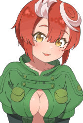 Rule 34 | 1girl, :o, blush, breast pocket, breasts, cleavage, closed mouth, collarbone, green jumpsuit, hair between eyes, head tilt, highres, jenny (artist), jumpsuit, large breasts, looking at viewer, made in abyss, multicolored hair, pocket, red hair, short hair, simple background, smile, solo, streaked hair, tepaste, tongue, tongue out, two-tone hair, upper body, white background, white hair, yellow eyes