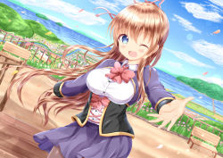 Rule 34 | 1girl, ;d, bench, blue eyes, blue sky, blush, bow, breasts, bridge, brown hair, brown pantyhose, cityscape, cloud, cloudy sky, collared shirt, commentary request, day, dress shirt, dutch angle, hair between eyes, horizon, jacket, large breasts, long hair, long sleeves, ocean, one eye closed, open mouth, original, outdoors, outstretched arm, pantyhose, park bench, petals, purple jacket, purple skirt, railing, red bow, shirt, skirt, sky, sleeves past wrists, smile, solo, underbust, very long hair, water, white shirt, xenon (for achieve)