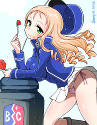 Rule 34 | 10s, 1girl, alternate eye color, bc freedom (emblem), blonde hair, blue hat, blue jacket, blue vest, bow, bow panties, breast press, breasts, cake, closed mouth, commentary request, drill hair, emblem, food, food on face, fork, from side, futaba yodomu, girls und panzer, green eyes, hat, high collar, jacket, kneeling, long hair, long sleeves, looking at viewer, marie (girls und panzer), medium breasts, military hat, miniskirt, panties, pink panties, plate, pleated skirt, shako cap, shirt, side-tie panties, skirt, smile, solo, standing, twitter username, underwear, unworn hat, unworn headwear, vest, white shirt, white skirt, wind, wind lift